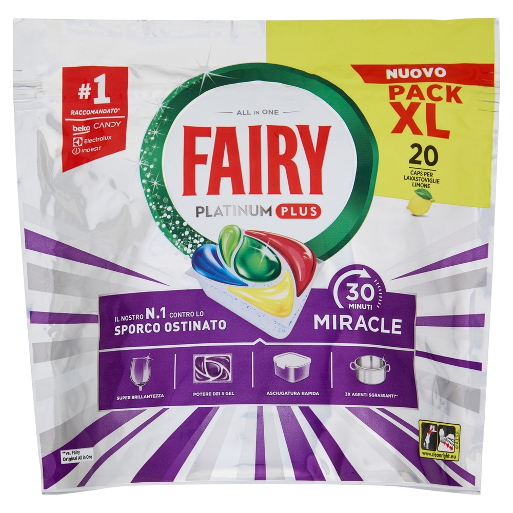 Fairy Pastiglie Lavastoviglie Platinum Plus All in One Miracle, Detersivo Piatti Limone 20 Caps 329g